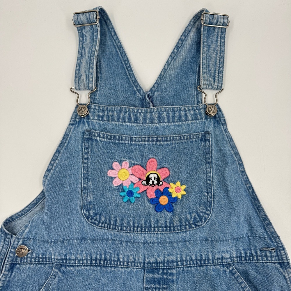 Big Dogs Denim Shortalls Womens Medium Blue Floral Dog Embroidered Vintage 90s - Picture 2 of 10